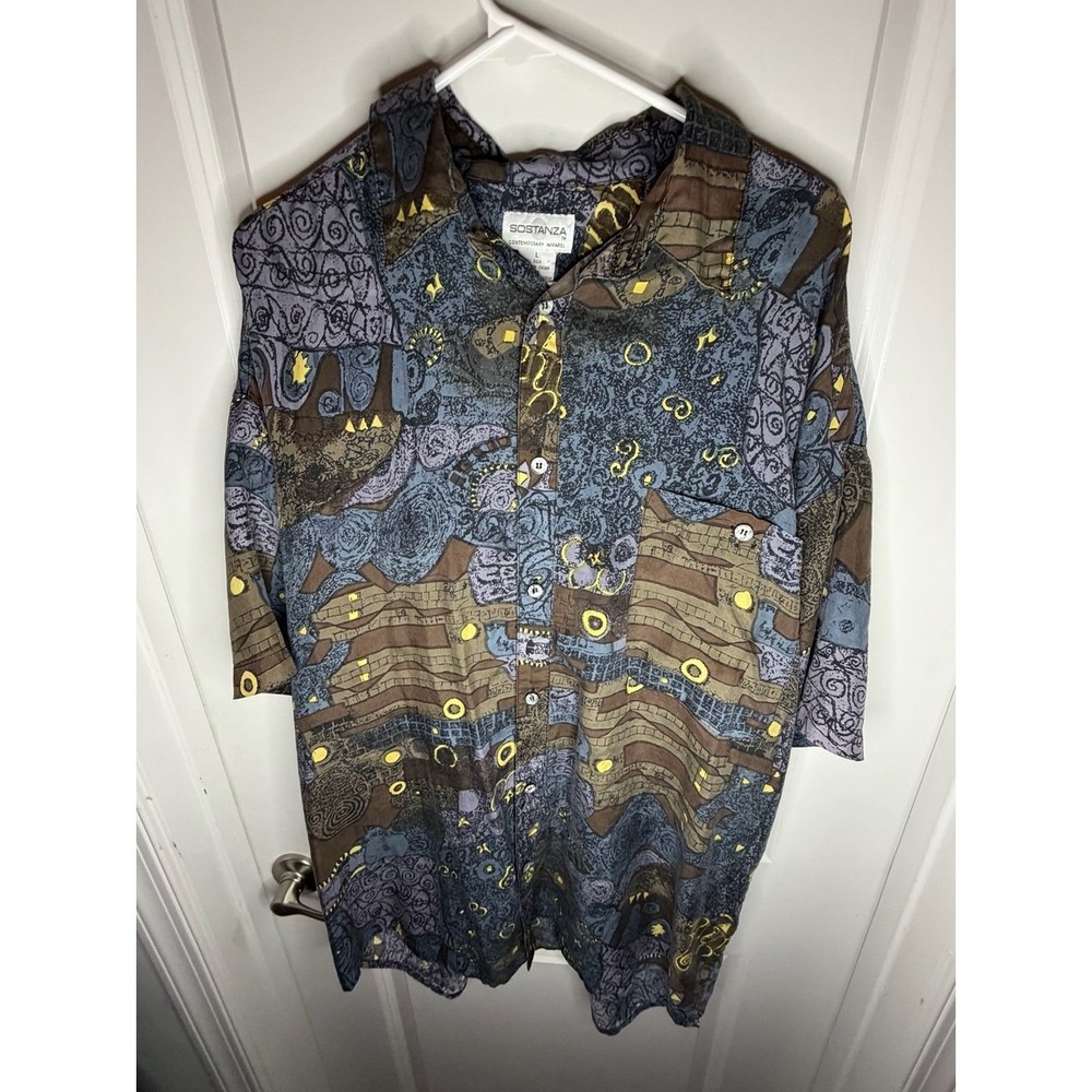 Vintage 90's Artwork Abstract Art AOP 100% Silk Button Up Shirt Mens Large NWOT